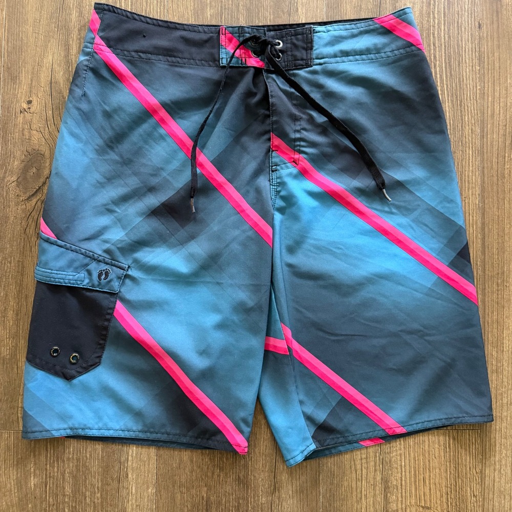 Hang Ten Board Shorts Mens 32 Teal Pink Navy Stripe Stretch Swim Trunks Surf